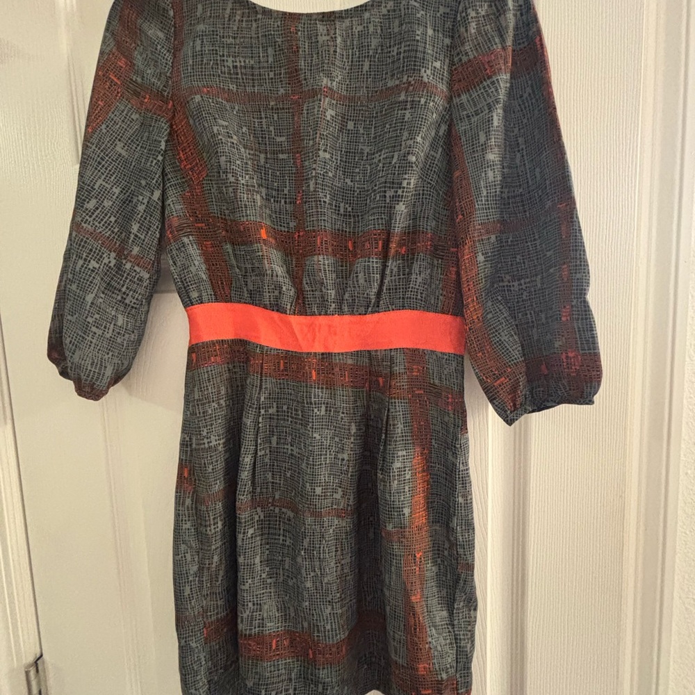 Peppermint Gray and Rust Plaid Mini Dress with Coral Waistband